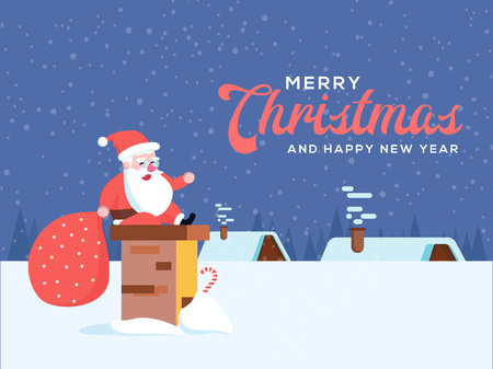 Cute happy smiling cartoon santa sitting on chimney stack or smoke funnel on rural winter landscape background.のイラスト素材