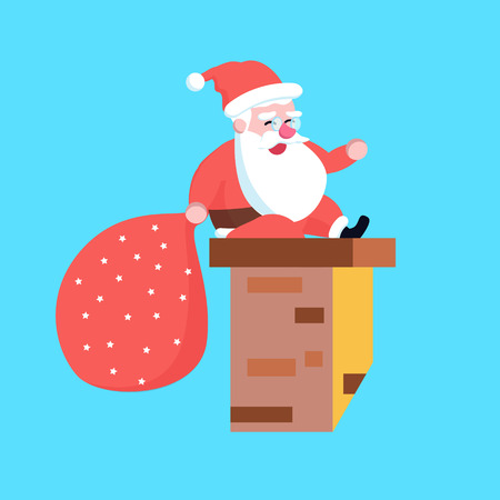 Cute happy cartoon santa claus sitting on chimney stuck or smoke funnel vector illustrationのイラスト素材