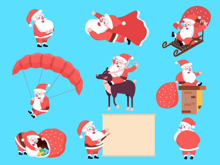 Set of cute happy cartoon Santa Claus in various positions, actions and gestures or movements. Christmas holiday characters collection. Merry Xmas theme illustration in flat design.のイラスト素材