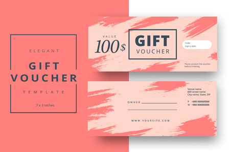 Abstract gift voucher card template. Modern discount coupon or certificate layout with artistic brush strokes pattern. Vector fashion bright background design with information sample text.のイラスト素材