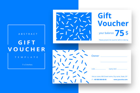 Trendy abstract gift voucher card templates. Modern discount coupon or certificate layout with artistic stroke pattern. Vector fashion bright background design with information sample text.のイラスト素材