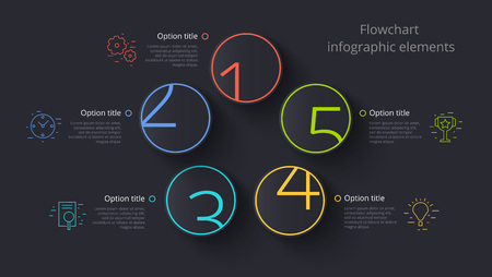 Business process chart info-graphics with 5 step segments. Circular corporate timeline info-graph elements. Company presentation slide template. Modern vector info graphic layout design.のイラスト素材