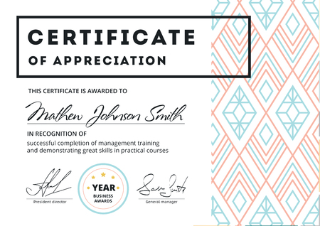 Certificate of appreciation template design. Elegant business diploma layout for training graduation or course completion. Vector background illustration.のイラスト素材