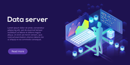 Hosting server isometric vector illustration. Abstract 3d datacenter or blockchain background. Network mainframe infrastructure website header layout. Computer storage or farming workstation.のイラスト素材