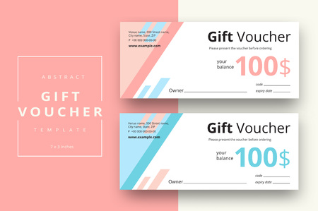 Abstract gift voucher card template. Modern discount coupon or certificate layout with geometric shape pattern. Vector fashion bright background design with information sample text.のイラスト素材