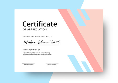 Certificate of appreciation template design. Elegant business diploma layout for training graduation or course completion. Vector background illustration.のイラスト素材