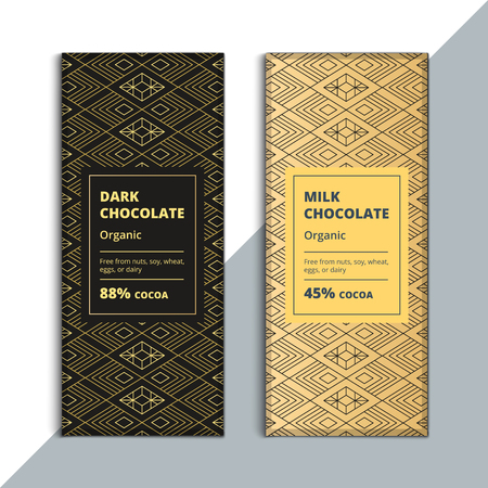 Organic dark and milk chocolate bar design. Creative abstract choco packaging vector mockup. Trendy luxury product branding template with label and pattern.のイラスト素材