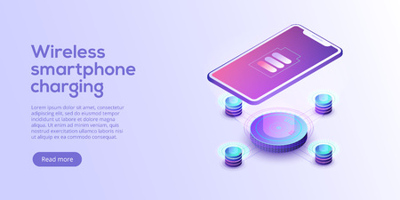 Inductive smartphone charging isometric vector illustration. Abstract 3d mobile wireless charger background. Website header layout for cordless power station device. Phone battery pad gadget concept.のイラスト素材