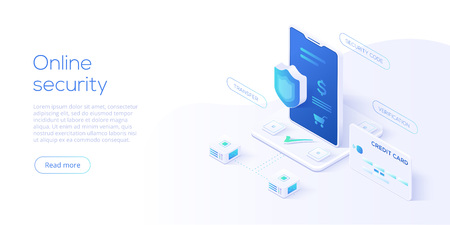 Mobile data security isometric vector illustration. Online payment protection system with smartphone and credit card. Secure bank transaction with password verification via internet.のイラスト素材