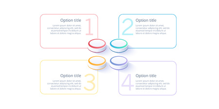 Business process chart infographics with 4 step segments. Isometric 3d corporate timeline infograph elements. Company presentation slide template. Modern vector info graphic layout design.のイラスト素材