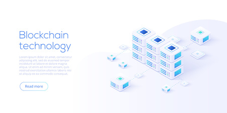 Hosting server isometric vector illustration. Abstract 3d datacenter or blockchain background. Network mainframe infrastructure website header layout. Computer storage or farming workstation.のイラスト素材