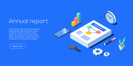 Annual report for business analysis. Isometric vector illustration. Data analytics for company marketing solutions or financial performance. Budget accounting or statistics concept.のイラスト素材
