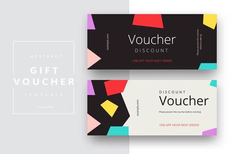Abstract gift voucher card template. Modern discount coupon or certificate layout with geometric shape pattern. Vector fashion bright background design with information sample text.のイラスト素材