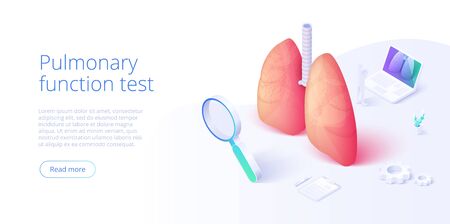 Pulmonary function test illustration in isometric vector design. Pulmonology theme image with doctor analyzing lungs on monitor. Respiratory medical diagnostics. Web banner layout template.のイラスト素材