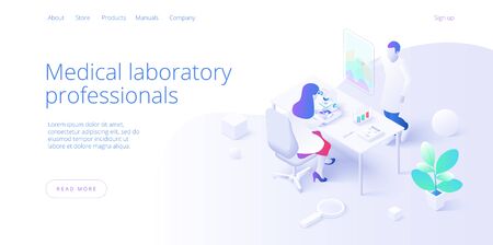 Medical research laboratory concept in isometric vector illustration. Pharmaceutical or chemical lab female and male assistants at desk with microscope. Web banner layout template.のイラスト素材