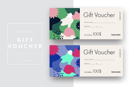 Abstract gift voucher card template. Modern discount coupon or certificate layout with geometric shape pattern. Vector fashion bright background design with information sample text.のイラスト素材