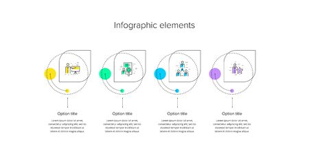 Business process chart infographics with 4 step circles. Circular corporate workflow graphic elements. Company flowchart presentation slide template. Vector info graphic design.のイラスト素材
