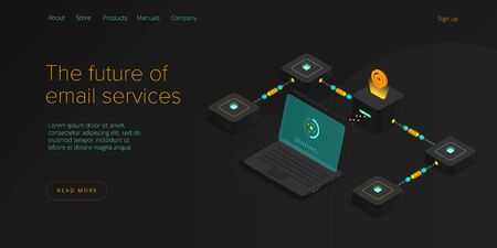 Email service concept isometric vector illustration. Electronic mail message as part of business  marketing. Webmail mobile service layout for website header. Newsletter sending background.のイラスト素材