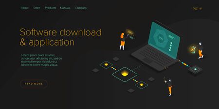 Software download and application isometric vector illustration. Program engeneers working on web app development, coding and testing. Website banner layout template.のイラスト素材