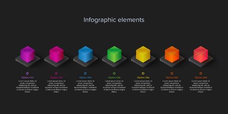 Business process chart infographics with 7 step cubes. Cubic corporate workflow graphic elements. Company flowchart presentation slide template. Vector info graphic design.のイラスト素材