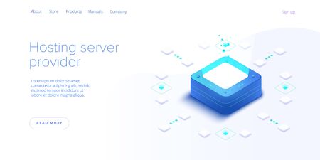Hosting server isometric vector illustration. Abstract datacenter or blockchain background. Network mainframe infrastructure website layout. Computer storage or farming workstation.のイラスト素材