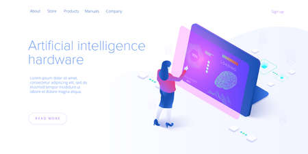 Artificial intelligence or neural network concept in isometric vector illustration. Neuronet or ai technology background with robot and human female. Web banner layout template.のイラスト素材