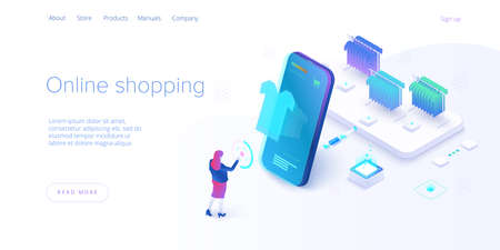 Online shopping or e-commerce isometric vector illustration. Internet store checkput procedure concept with smartphone and bag. Credit card payment transaction via app.のイラスト素材