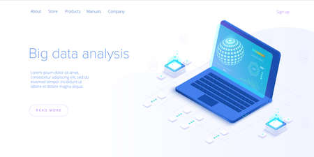 Big data technology in isometric vector illustration. Innovative information storage and analysis system. Digital technology website landing page template. Web banner layout.のイラスト素材