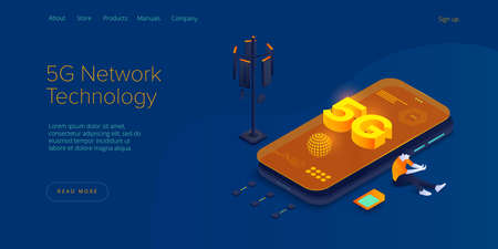 5g network technology in isometric vector illustration. Wireless mobile telecommunication service concept. Marketing website landing template. Smartphone internet speed connection background.のイラスト素材