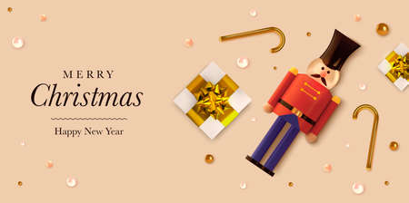 Christmas background in 3d realistic vector design. Abstract xmas flatlay with gifts and nutcracker....