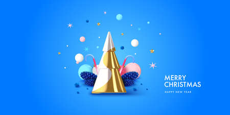 Christmas background in 3d realistic vector design. Abstract xmas tree with gifts, balls and spruce cones. Happy new year card illustration. Web banner template layout.のイラスト素材