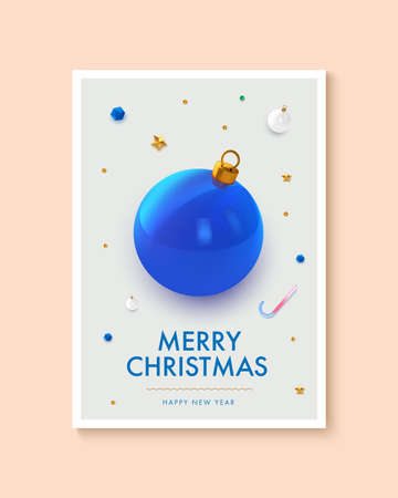 Christmas party poster template design. Xmas flyer in abstract realistic 3d style. Winter holiday event entrance ticket layout. Vector illustration.のイラスト素材