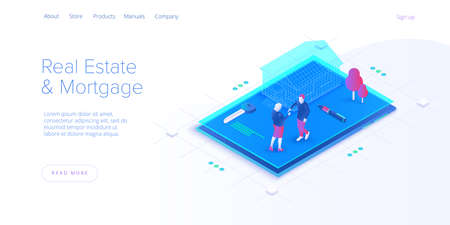 Real estate searching service app. Property mortgage or loan concept in isometric vector illustration. Home buying or property rent payment system.のイラスト素材