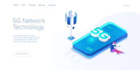 5g network technology in isometric vector illustration. Wireless mobile telecommunication service concept. Marketing website landing template.のイラスト素材
