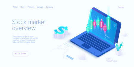 Stock exchange vector illustration in isometric design. Trading market or investment mobile app. Financial broker or trader application. Web banner layout template.のイラスト素材