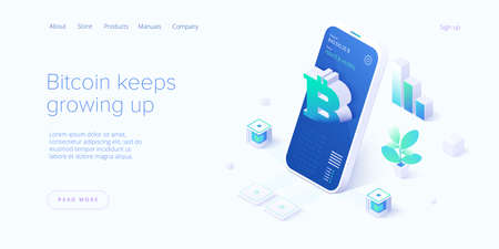 Cryptocoin mining farm layout. Cryptocurrency and blockchain network business isometric vector illustration. Crypto currency exchange or transaction process background.のイラスト素材