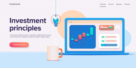 Stock exchange vector illustration in 3d design. Trading market or investment mobile app. Financial broker or trader application. Web banner layout template.のイラスト素材