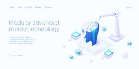 Modular advanced robotics in isometric vector illustration. Robot assembling with robo arm. Web banner layout template.のイラスト素材