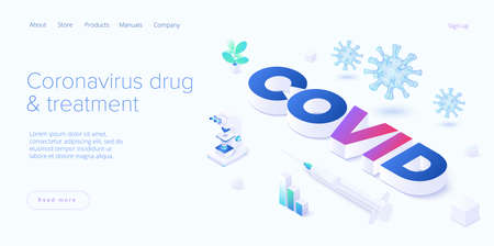 Virus vaccination in isometric vector design. Flu or coronavirus research. Medical covid antidote or antivirus vaccine. Pandemic background. Web banner layout template.のイラスト素材