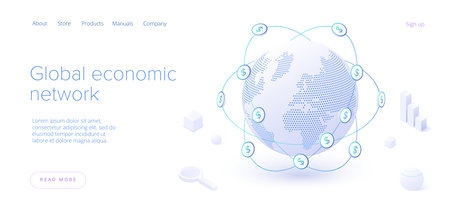 Global economic network in isometric vector illustration. World economy or global financial map concept. International business. Web banner layout template.のイラスト素材