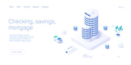 Bank building and money transaction concept in isometric vector design. Payment transfer or deposit and investment. Web banner layout template.のイラスト素材