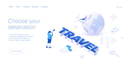 Traveling by air concept in isometric vector illustration. Around the world flight tour or trip. Cheap airline tickets searching and booking service Website layout or web banner template.のイラスト素材