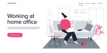 Woman working at home office on sofa with laptop. Girl character using computer as remote job. Flat vector illustrationのイラスト素材
