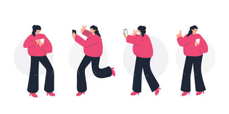 Girl holding and using smartphone. Making photo, texting and video chatting. Set of flat line vector character illustrations.のイラスト素材