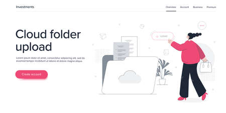 Young woman using cloud folder service in flat vector illustration. Girl uploading documents in digital storage. Data transfering application banner template.のイラスト素材