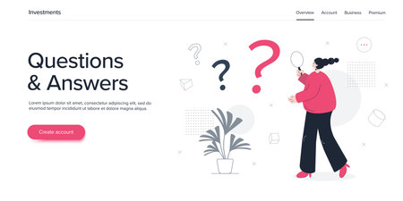 Questions and answers concept with young woman searching through magnifying glass. Q and A metaphor in flat vector illustration. Web banner layout template.のイラスト素材