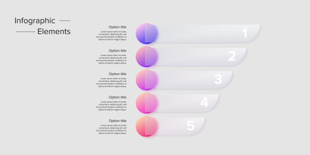 Business process chart infographics with 5 step circles. Circular corporate workflow graphic elements. Company flowchart presentation slide. Vector info graphic in glassmorphism design.のイラスト素材