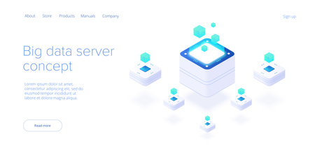 Big data technology in isometric vector illustration. Information storage and analysis system. Digital technology website landing page template.のイラスト素材