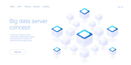 Big data technology in isometric vector illustration. Information storage and analysis system. Digital technology website landing page template.のイラスト素材