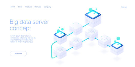 Big data technology in isometric vector illustration. Information storage and analysis system. Digital technology website landing page template.のイラスト素材